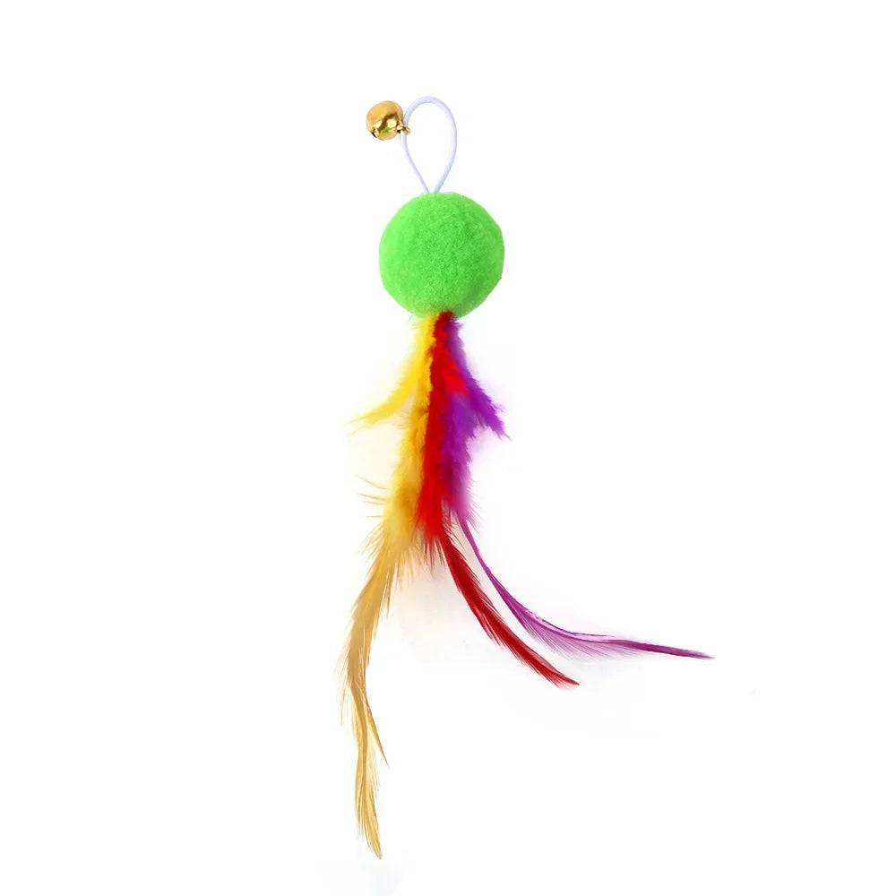 Feather Wand Cat Toy with Bell & Worm String - Interactive Teaser Set - THT-2-Green