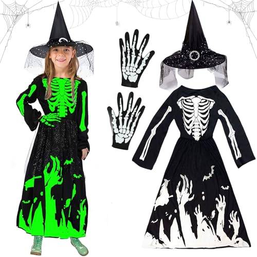 Häxkostym flicka, prinsessa skelettdräkt barn flicka, halloween skelettkostym med skeletthandskar och häxhatt, häxkostym, vampyrkostym, barn, häxdräkt för karneval, cosplay