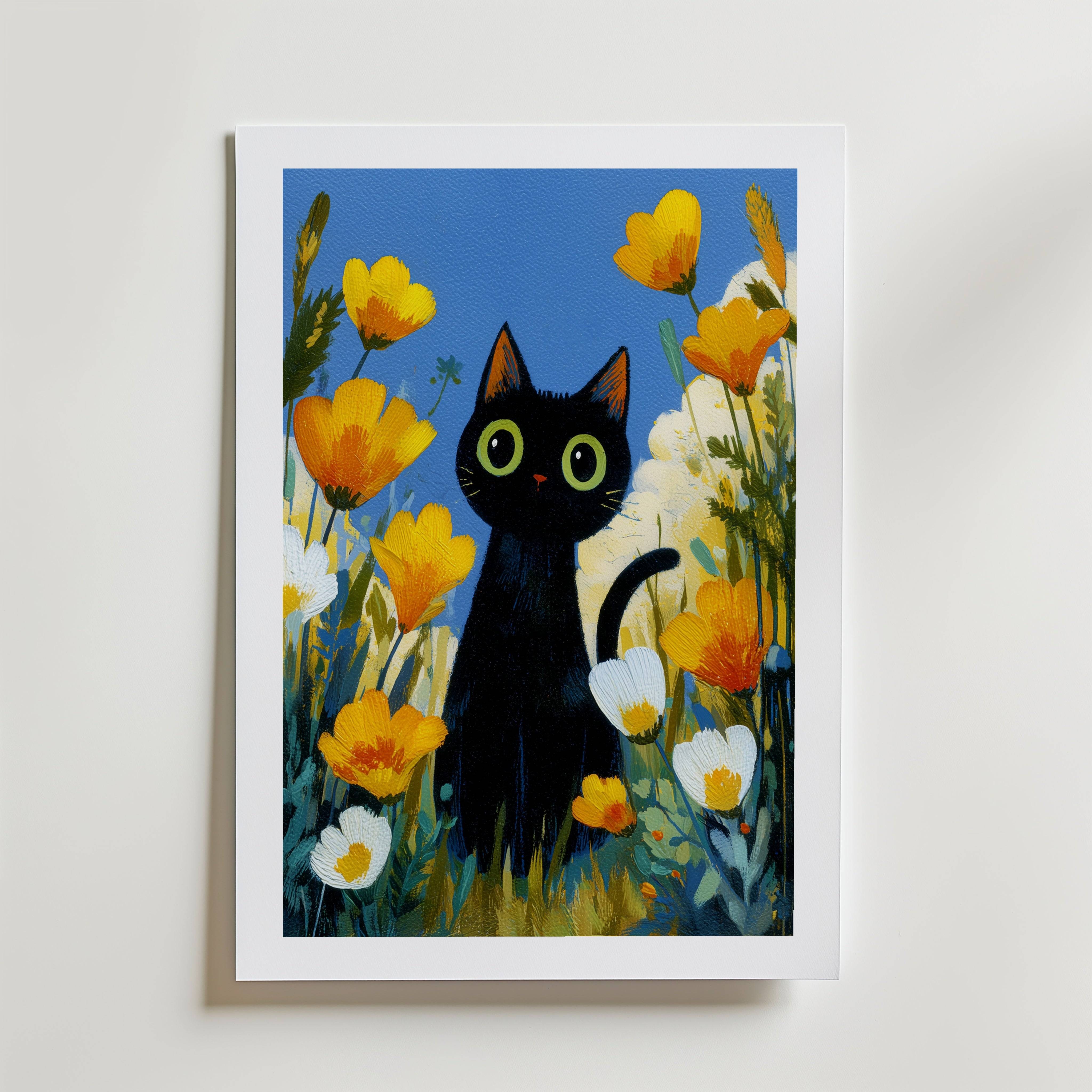 Midnight Meadow Cat Poster - Fine Art Poster 50x70 cm Med passepartout