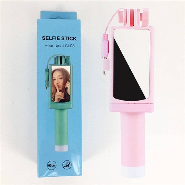 Mini bärbar selfie stick med spegel handhållen linjekontroll för iphone huawei xiaomi samsung smartphone hopfällbar selfie stick - Rosa
