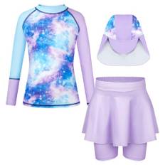 WYTbaby baddräkt flicka 3 stycken UV skyddskläder barn långa ärmar badmode set Rash Guard med volangtrimma badbyxor för flickor 4–9 år, Blå stjärnhimmel, 8-9 år