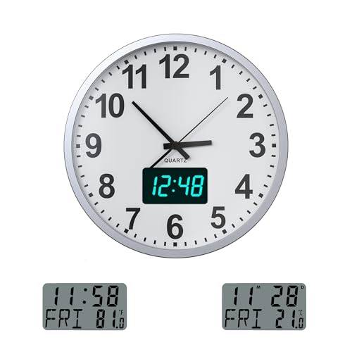 KWANWA tyst väggklocka i metall med datum temperaturvecka, icke-tickande batteridrift, digital LCD/LED-tidsvisning, modern kvartsväggklocka, för kök kontor 30 cm (silverblå LED)