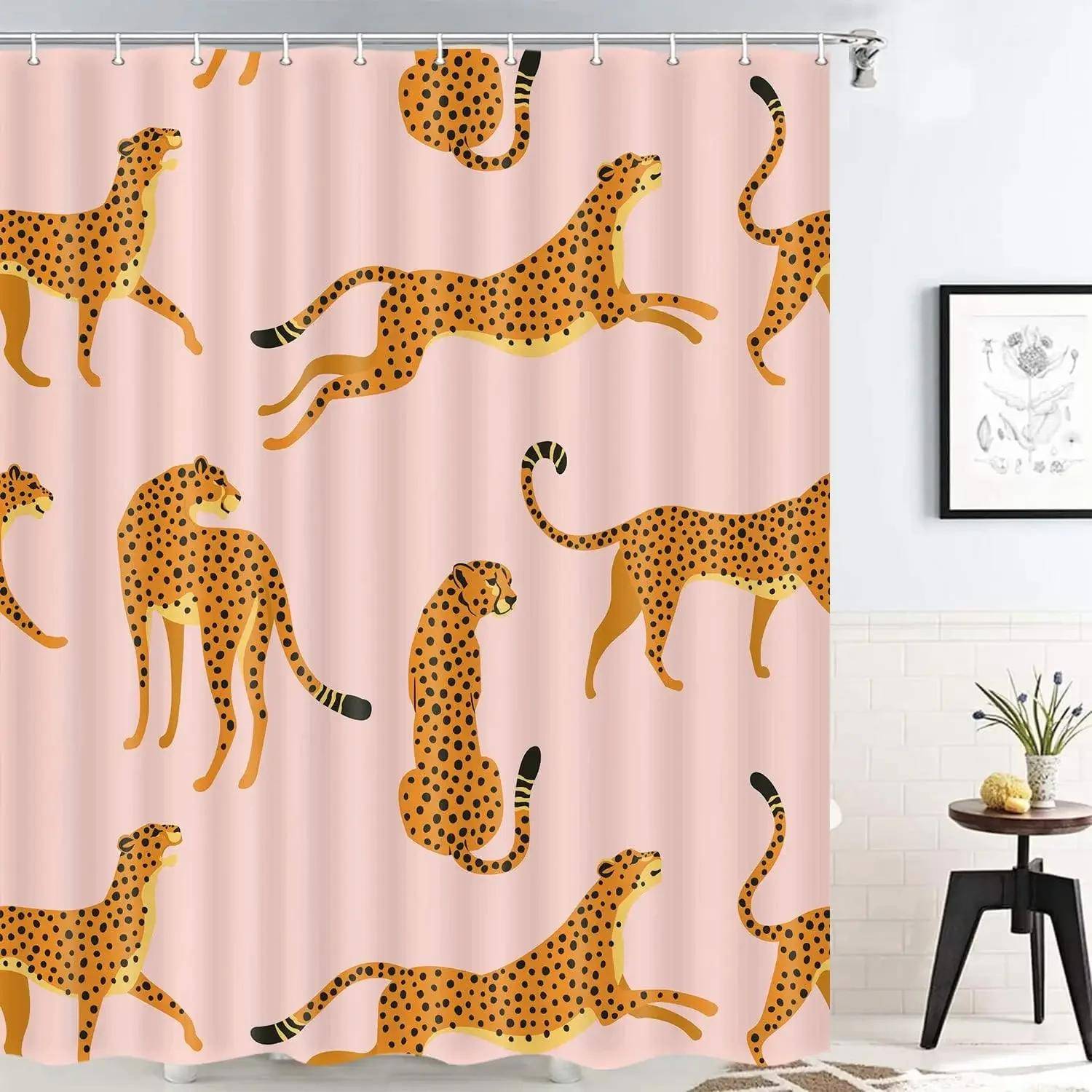 duschdraperi i leopardtyg, duschdraperi med tropiskt djur gepard för badrum, rosa med krok 180X180CM