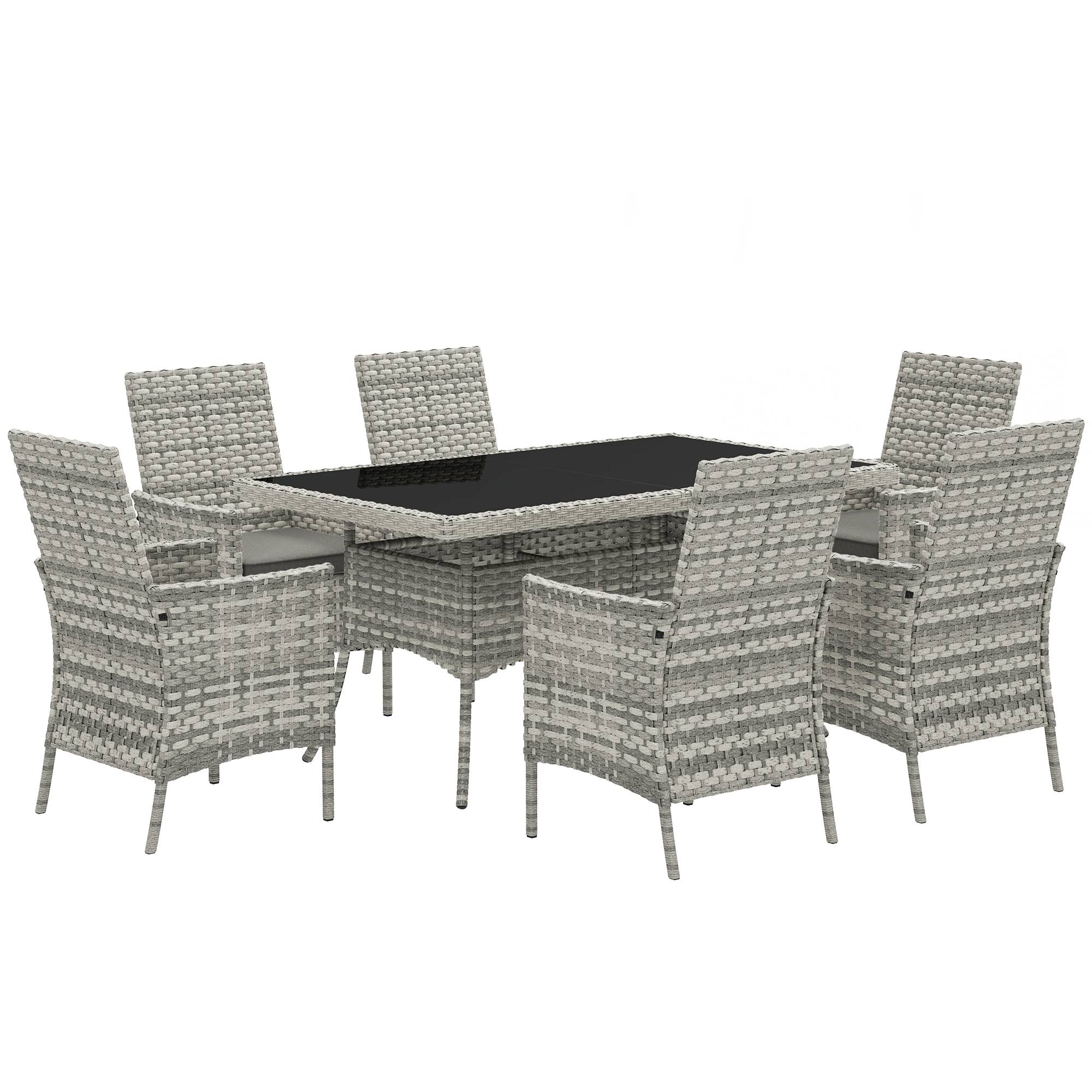 Outsunny Rattan Garden Furniture Set, 6 Seater Outdoor Dining Table and Chairs with Cushions, 150 x 90cm Rectangular Tempered Glass Table, 6 Armchairs, for Terrace, Conservatory, Balcony, Mixed-Grey