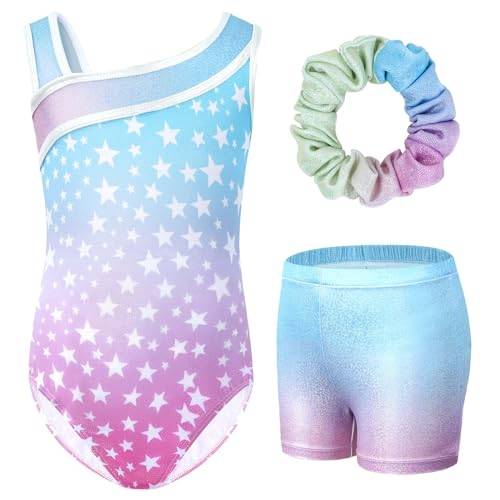 Gogokids Gymnastikset för flickor, tredelad y-hals, ärmlös leotard med shorts och hårband, balett, dansande leotard gymnastikdräkt med blå och lila färgblockdesign, 3–12 år, ROSA, 130(120-130 cm,8-9Y)
