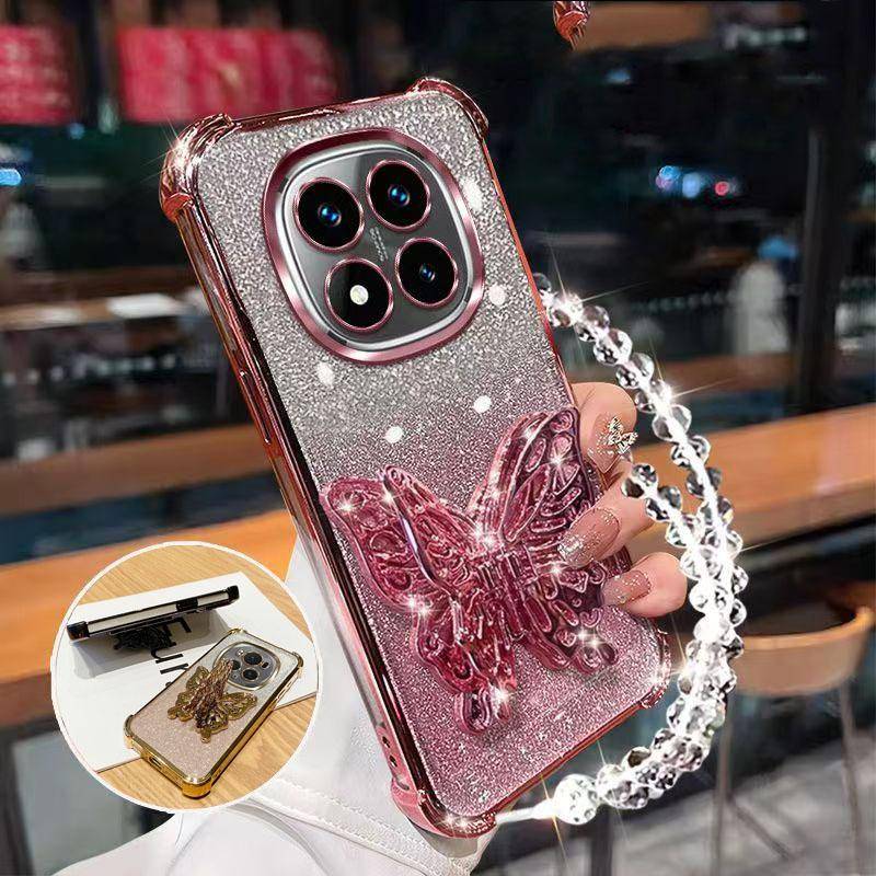 Stötsäkert Glitterpläterat Skal för Xiaomi Redmi 15 15C Note 15 Note 14 Pro Plus 14C 4G 5G Fjäril Telefonhållare armband Skydd