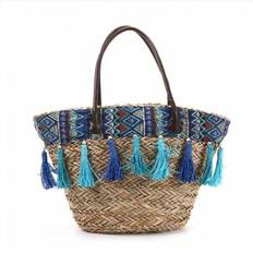 New Straw Bag Beach Bag Women&#39;s Tote Bag Holiday Bag Colorful Fashionable Seaside Travel Bag - Blue