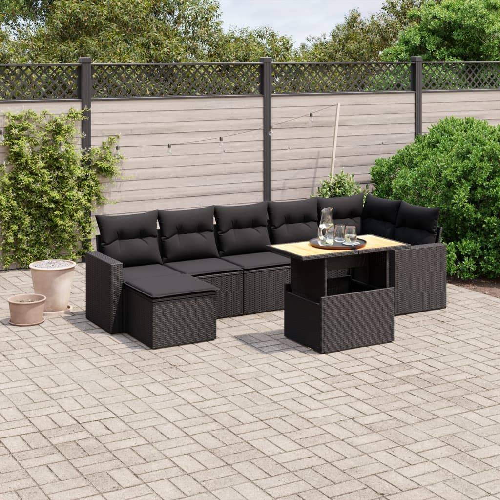 Sofasæt Til Haven 8 Dele Med Hynder Polyrattan - Sort / 3X midterdel + 3x hjørnedel + bord + fodskammel