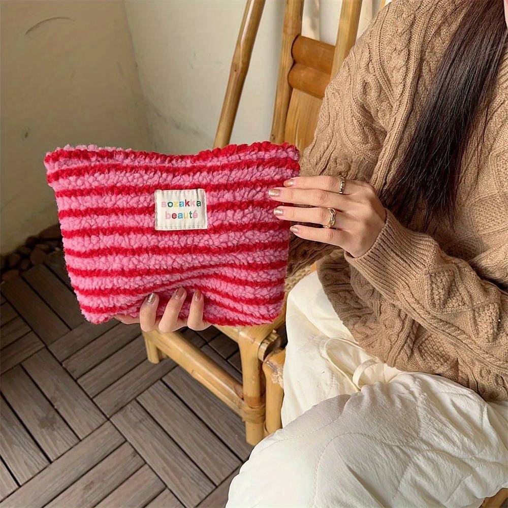 TEMU 1pc Large Capacity Plush Cosmetic Bag, Colorful Striped , Soft Makeup Pouch For Travel And Outdoor Use, Hand Washable Toiletries Organizer