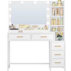 HEXCELEN Sminkbord med spegel, sminkbord med LED-belysning, 10 LED-ljusbollar, 3 färger, 5 lådor och 5 öppna fack, 40 × 110 × 141 cm, modern, vit