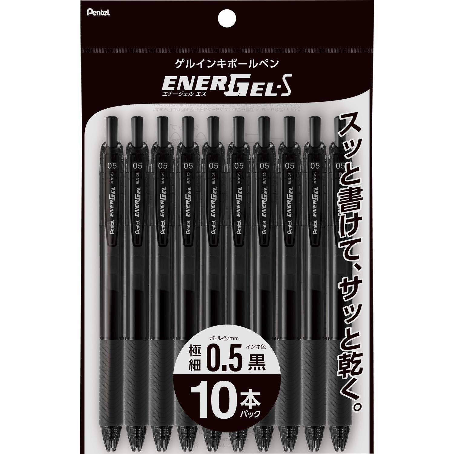 Pentel Gel Ink EnerGel S Ballpoint Black 10 Pens Pen, 0.5mm, Barrel, XBLN125-A10, svart