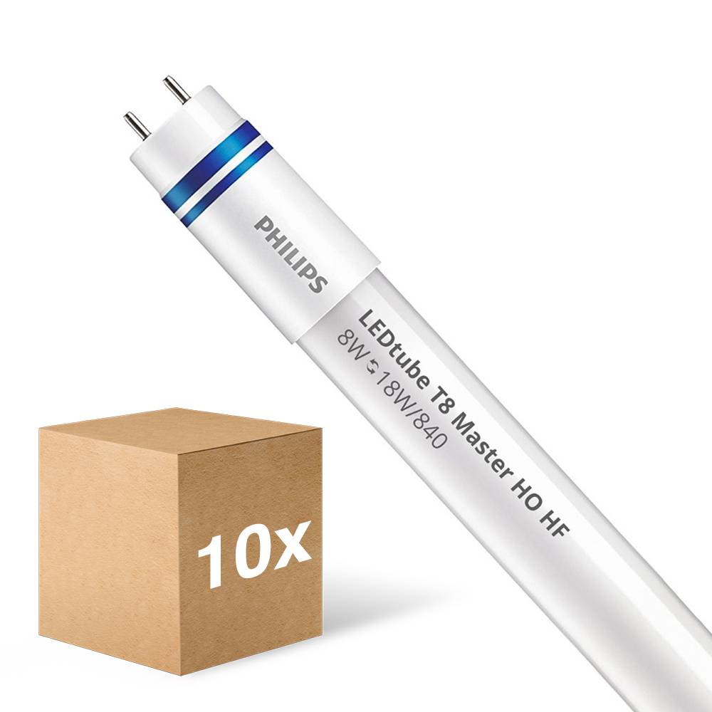 Multipack 10x Philips LED Lysrør T8 MASTER (HF) High Output 8W 1050lm - 840 Kold Hvid | 60cm - Erstatter 18W
