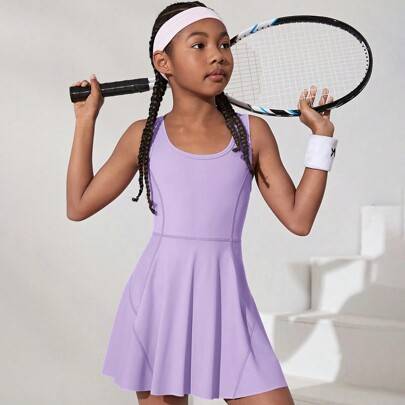 Tween flicka stickad enfärgad U-hals avslappnad sportklänning - Mauve Lila (8Y,9Y,10Y,11Y,12Y)