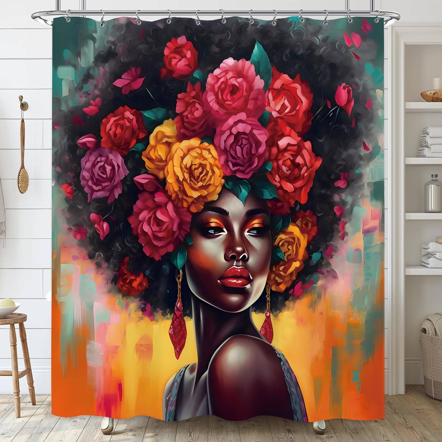 afroamerikansk svart flicka duschdraperi ros afrikansk blomma färg vattentätt badkar dekorativt duschdraperi med krok