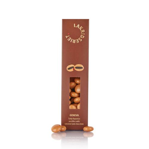Lakridseriet – Genevá – salmiakpastil overtrukket med karamelchokolade – 170g OBS. Bedst før: 07-10-26