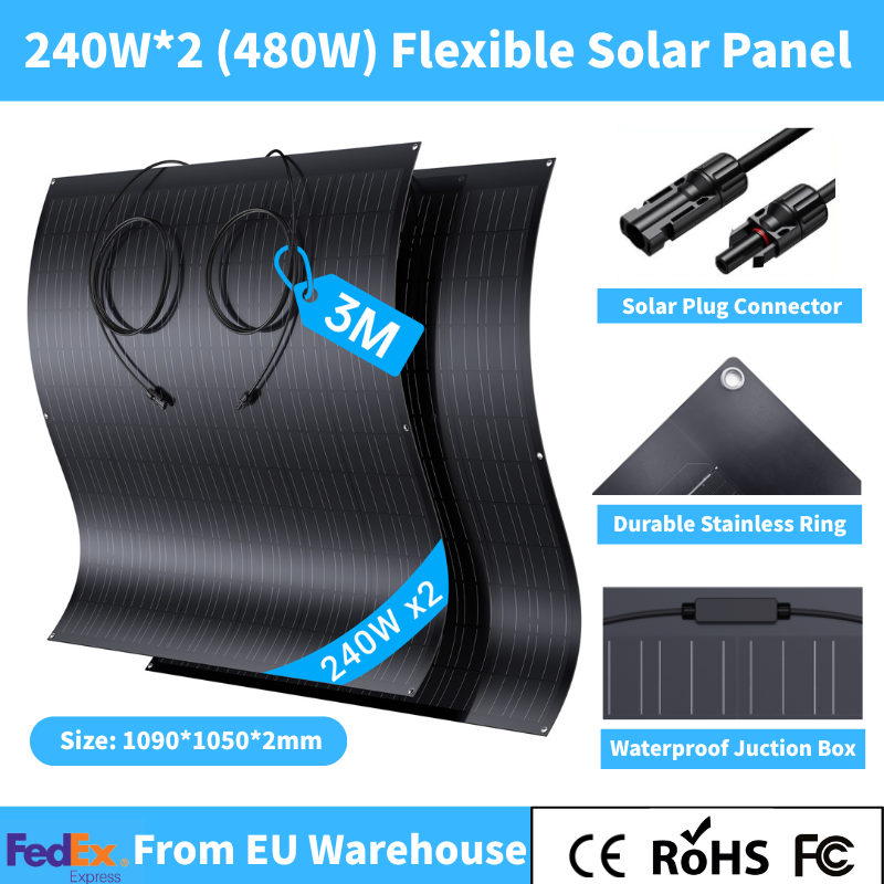 IP67 Mono‑Cell 240W 19.6VDC Flexible Solar Panel, 2-Piece/4-Piece 480W/960W Outdoor PV Module for Balcony, RV, and Boat Charging Systems