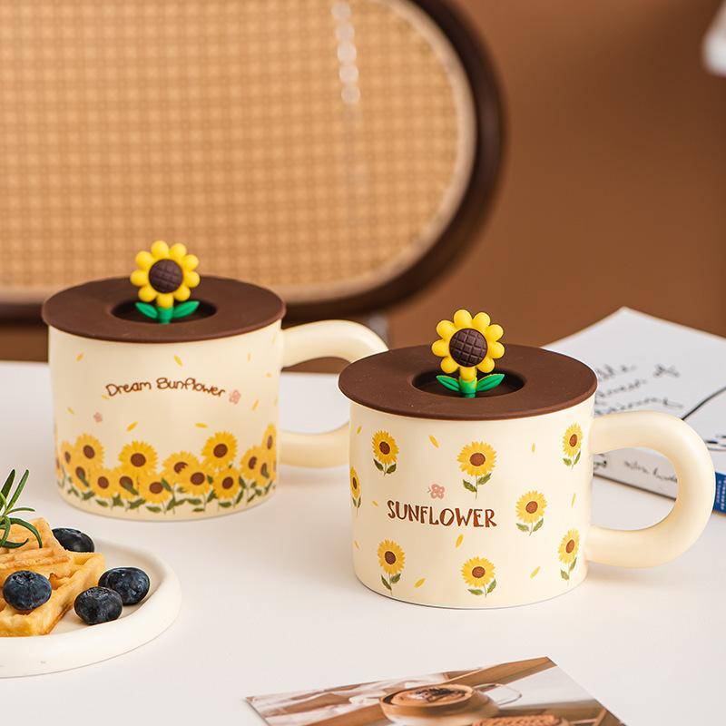Söt Kreativ Blommugg Solros Keramisk Kopp Retro Tjock Kopp Souvenir Hem Vattenkopp Gåva