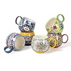 HENXFEN LEAD Porslinskoppar, set med cappuccinokoppar, koppar med handtag för te, kaffe, mjölk, cappuccino, färgglada muggar med mönster, 600 ml, 6-pack, bohemisk stil