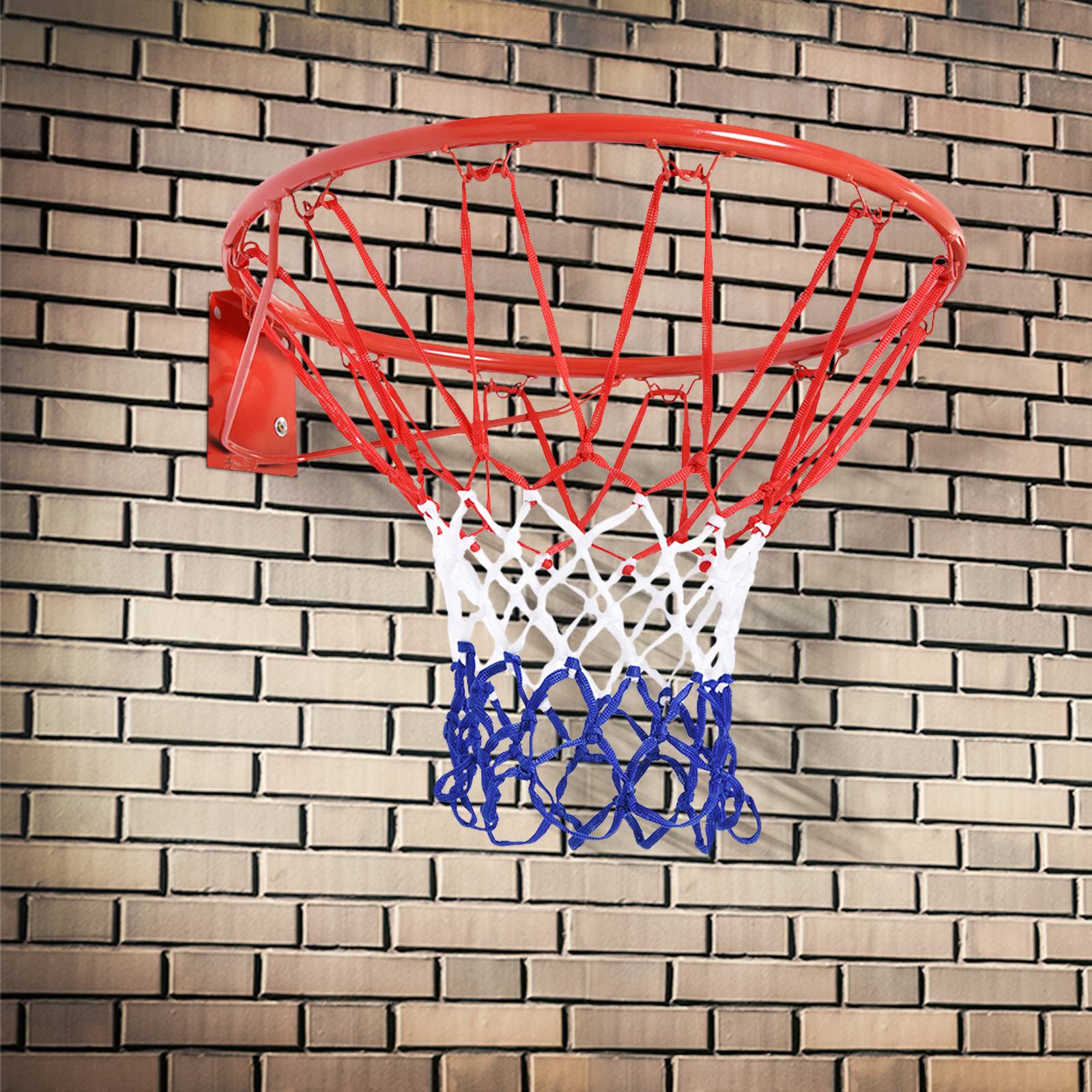 Basketballkurv med net, 46 cm, stålrør og nylon, rød, blå, hvid, ideel til have og fritid.