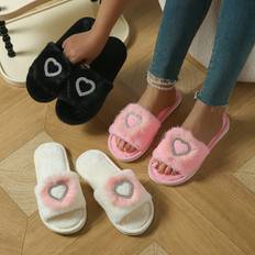 TEMU Rhinestone Heart Fluffy Home Slippers, Soft Sole Lightweight Plush Lined Bedroom Slippers, Non-slip Cozy Floor Slippers, Winter & Autumn