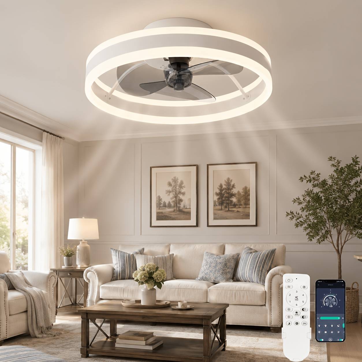 Ceiling Fan With Lighting, 3 Color Temperature And 6 Fan Ceiling Light, App/remote Control Quiet Dimmbar Fan Ceiling Light