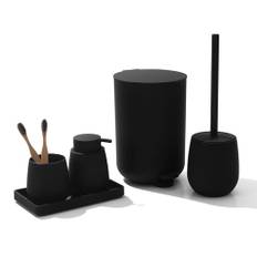 AJEUNGAIN Badset Badezimmer Set Schwarz, Modern Badausstattung Sets Organizer, Bad Set Mülleimer Klobürste Seifenspender und Zahnputzbecher Tablett (Schwarz-5 Teiliges)