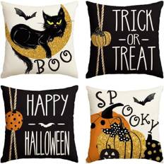 Glad Halloween Boo Svart Katt Trick or Treat Kuddfodral, 18 x 18 Tum Spöklik Pumpa Fladdermus Kuddfodral för Soffa Soffgrupp 4-pack