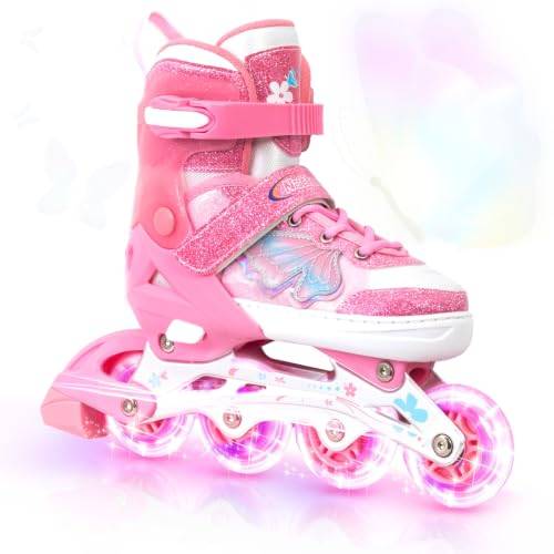 Nattork barn inlines för flickor, 4 storlekar justerbara inline-skateboards, fjärilsinline rullskridskor för flickor (glitterrosa, 37–41 EU/235–260 MM)