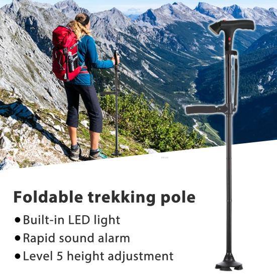 Gångkäpp i aluminiumlegering med ljus och larm, höjdjusterbar, halkfri, lättviktig, dubbelt handtag, hopfällbar, utomhus vandringsstav, käpp