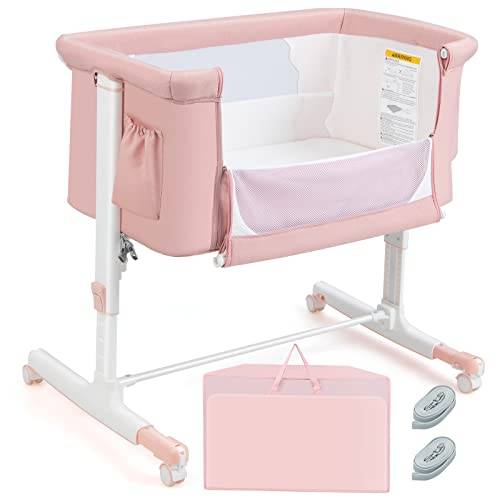 COSTWAY 3-i-1 sidosäng baby, resesäng med madrass, rosa