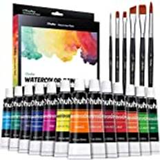 Ohuhu Akvarellfärger, set 36, 24 färger, vattenfärger (12 ml/tub) och 6 akvarellpenslar – giftfri, rikt pigment och snabbtorkande, perfekt akvarell present för konstnärer och målningsentusiaster