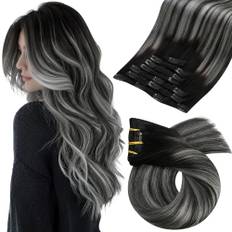Moresoo Naturlig hårförlängning med klämma, balayage-teknik, naturlig clip-hårförlängning, svart och silver, slät hårförlängning, 55 cm, 7 st/120 g, #1B/Silver/1B