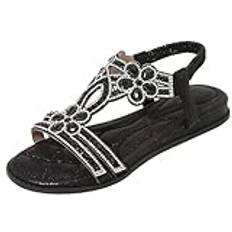 Romerska sandaler damer platta – sommarsandaler damer glitter strandsandaler strass eleganta barfota sandaler bekväma sandaler med mjuk fotbädd kvällsskor snygga sandaletter/sommarskor, svart, 39 EU