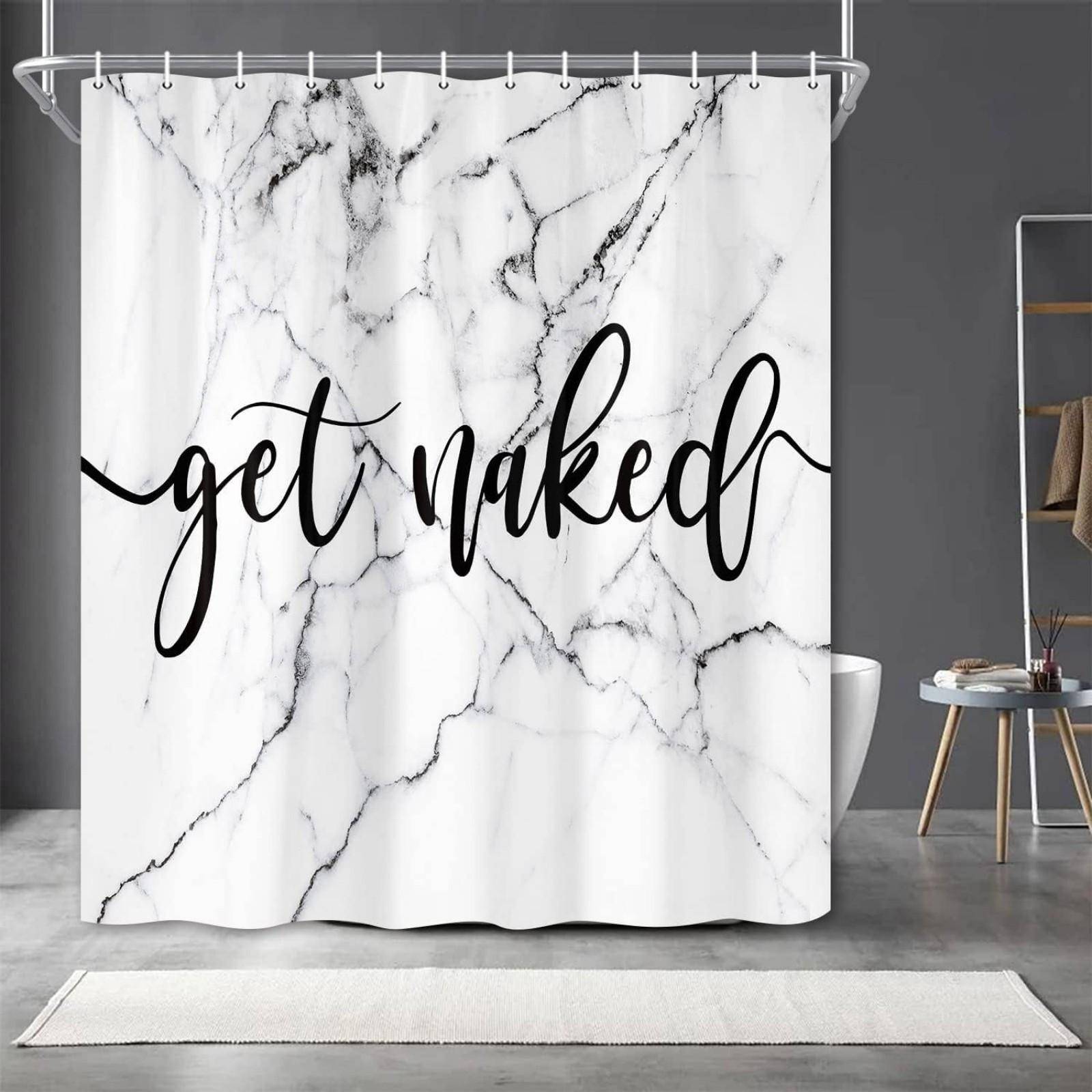 Marmorduschdraperi Get Naked Textkonst Modern Design Elegant Badrumsinredning Vattentätt Tryckt Badgardin Hemmode