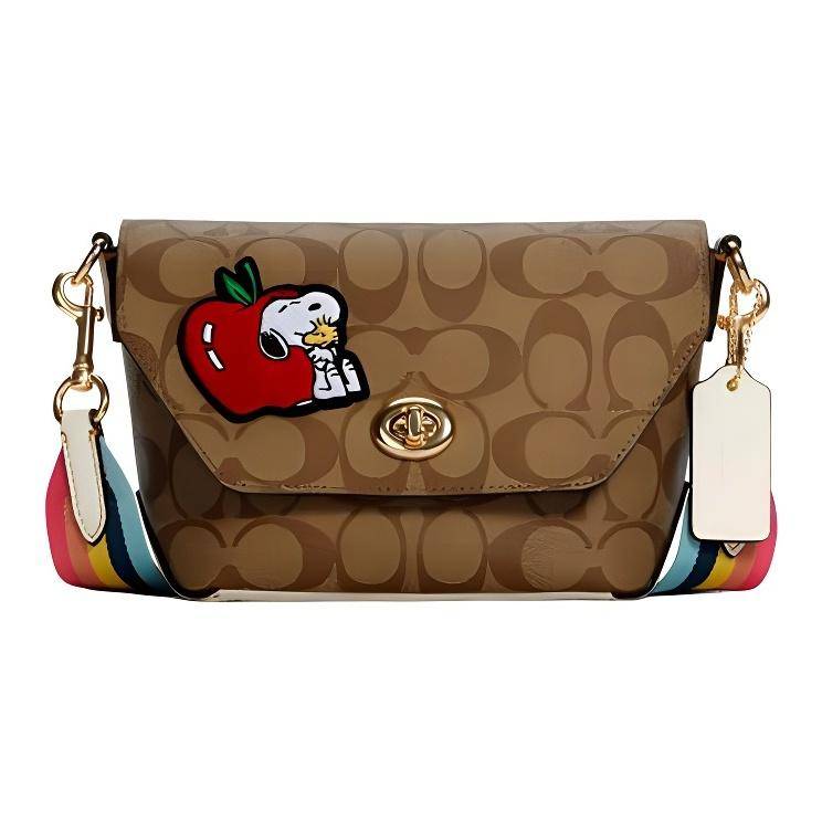 Coach X Peanuts Snoopy Karlee 23 Monogram Rainbow Shoulder Strap Flap Crossbody Bag Women bags Khaki C4114-IMLOT Basic Set (Bag+Dust Bag)