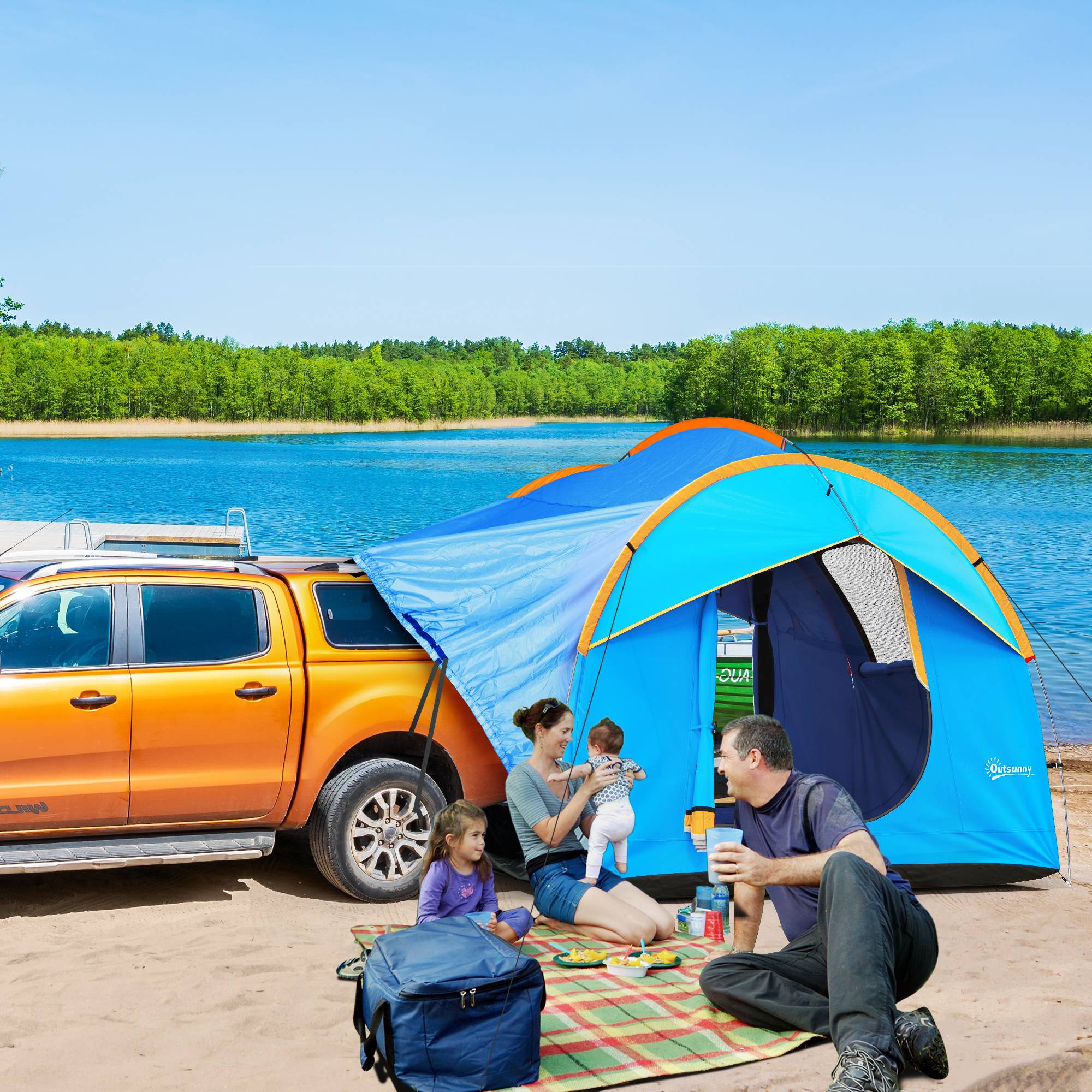 Bagtelt til 6 personer, kuppeltelt med 3 døre, vindue, bagklapstelt til campingvogn, SUV, polyester, blå.