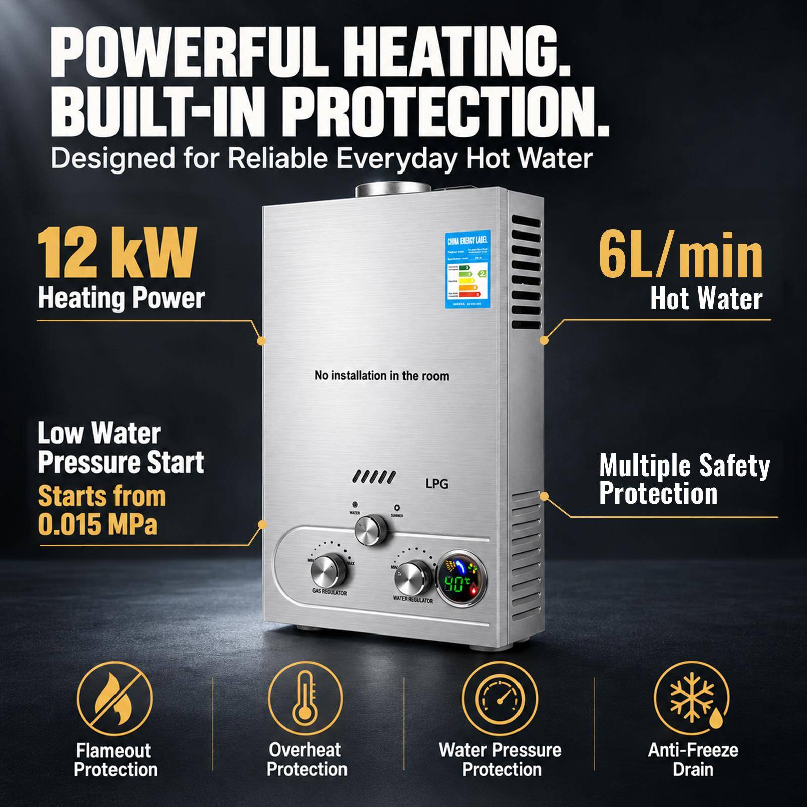 SIHAO Tankless Water Heater LPG 6L Digital Display Stainless Steel
