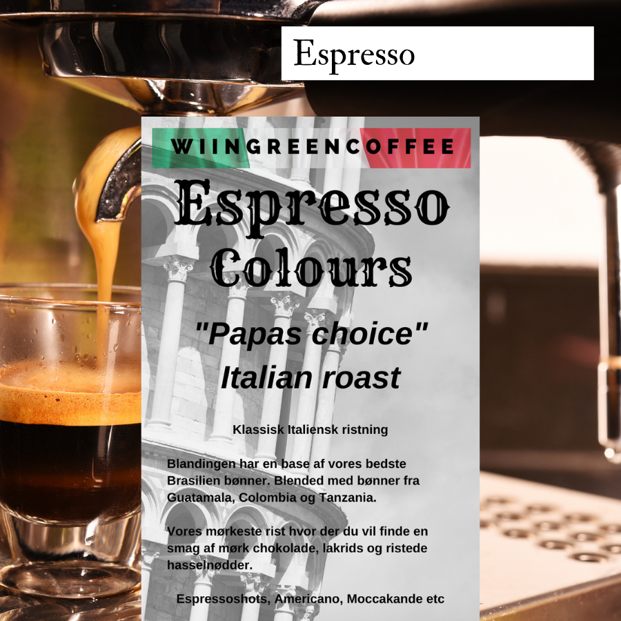 Espresso "Papas Choice" Italian roast. Friskristet kaffe. Ventilpose med zip (+ 5 kr) 500 gr Kværnes til filterkaffe