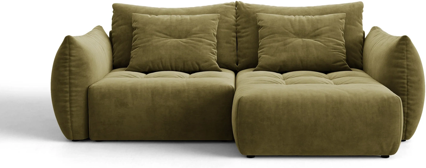 Sovesofa/chaiselongsofa Micadoni Bloom - lysegrøn velour Casino Forest, højrevendt, med opbevaring, 3-pers..