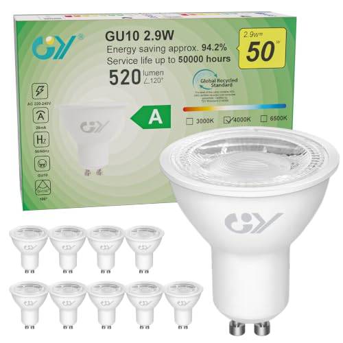 GY GU10 LED Neutralweiss Lampe 2,9W 520 Lumen 4000K Neutralweiß Glühbirnen, 50W lampe ersetzt, Abstrahlwinkel 110° Leuchtmittel, Nicht Dimmbar Energiesparlampe,10er-Pack