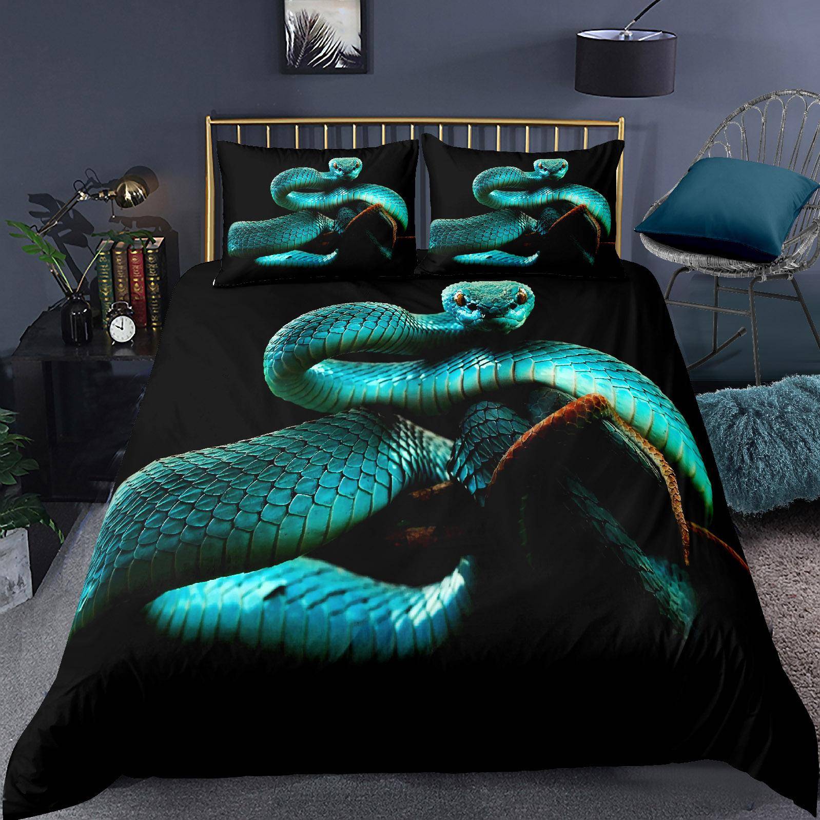 3D Orm Påslakanset för Barn Pojkar Tonåringar Grön Orm Påslakan 3D Reptiltryck Sängkläder Vilda Djur Täcke 173X218cm 2PCS