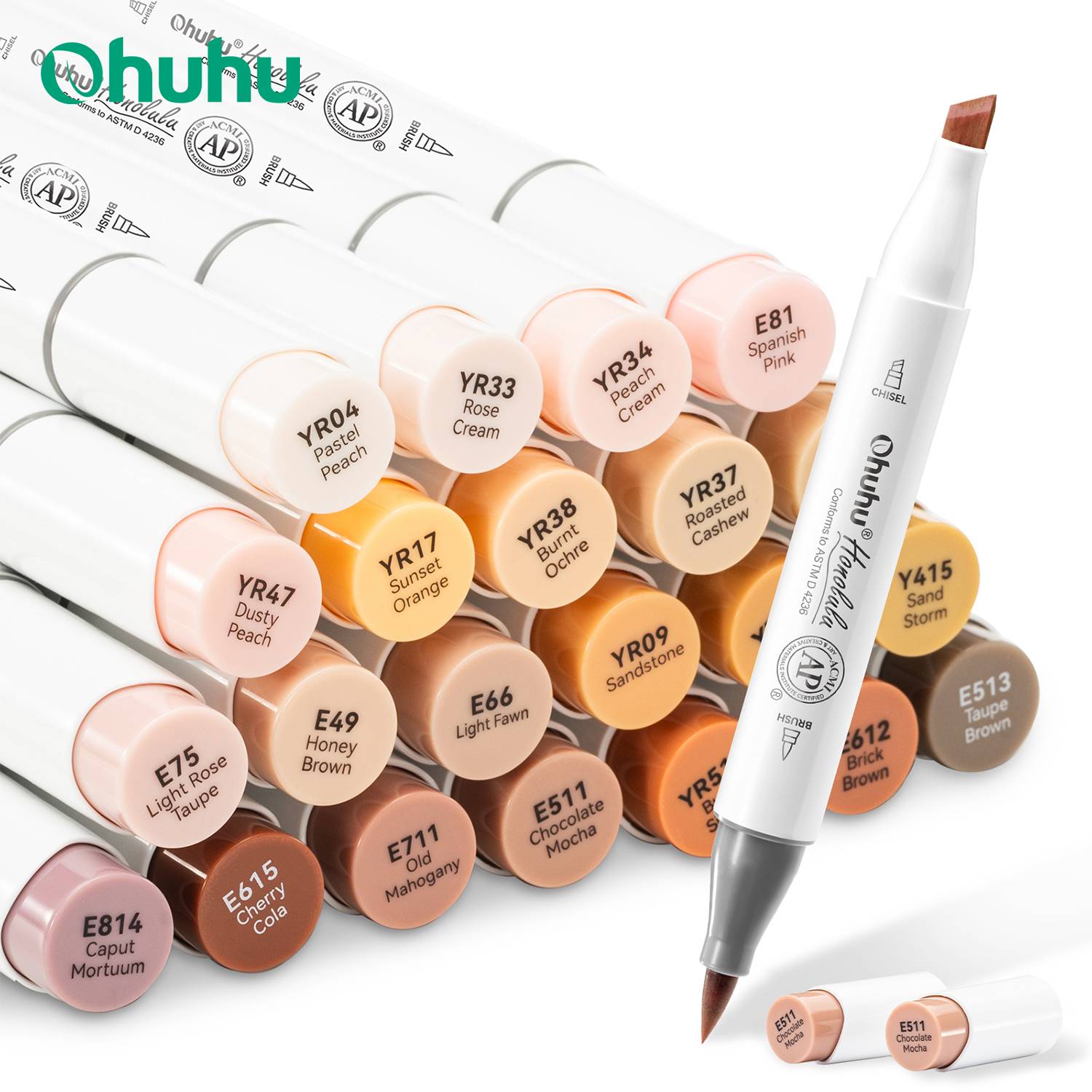 Ohuhu Honolulu 24 Skin Colors Marker Pen Set Alcohol Art Markers Refillable Dual Tips Sketching Drawing School Art Supplies