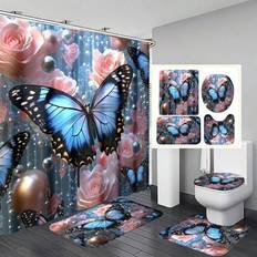 1st/4st Fresh Elegant Blågrön Butterfly Rose Duschdraperiset, Duschdraperi med tryckt 12 krokar, Badrumsmatta, Toalett U-formad Matta, Toalettlock, Ba - Multifärgad (180x180cm/72x72tum,fyra delar set)