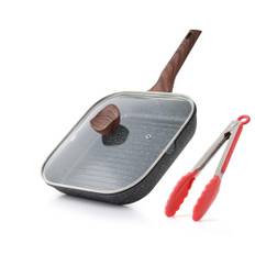 Kordisen Non-stick grillpanna med lock för spistoppar, 28 cm fyrkantig grillpanna för inomhusmatlagning, granitbeläggning grillstekpanna med hällpipar, mångsidig stekpanna, induktionsstekpanna,
