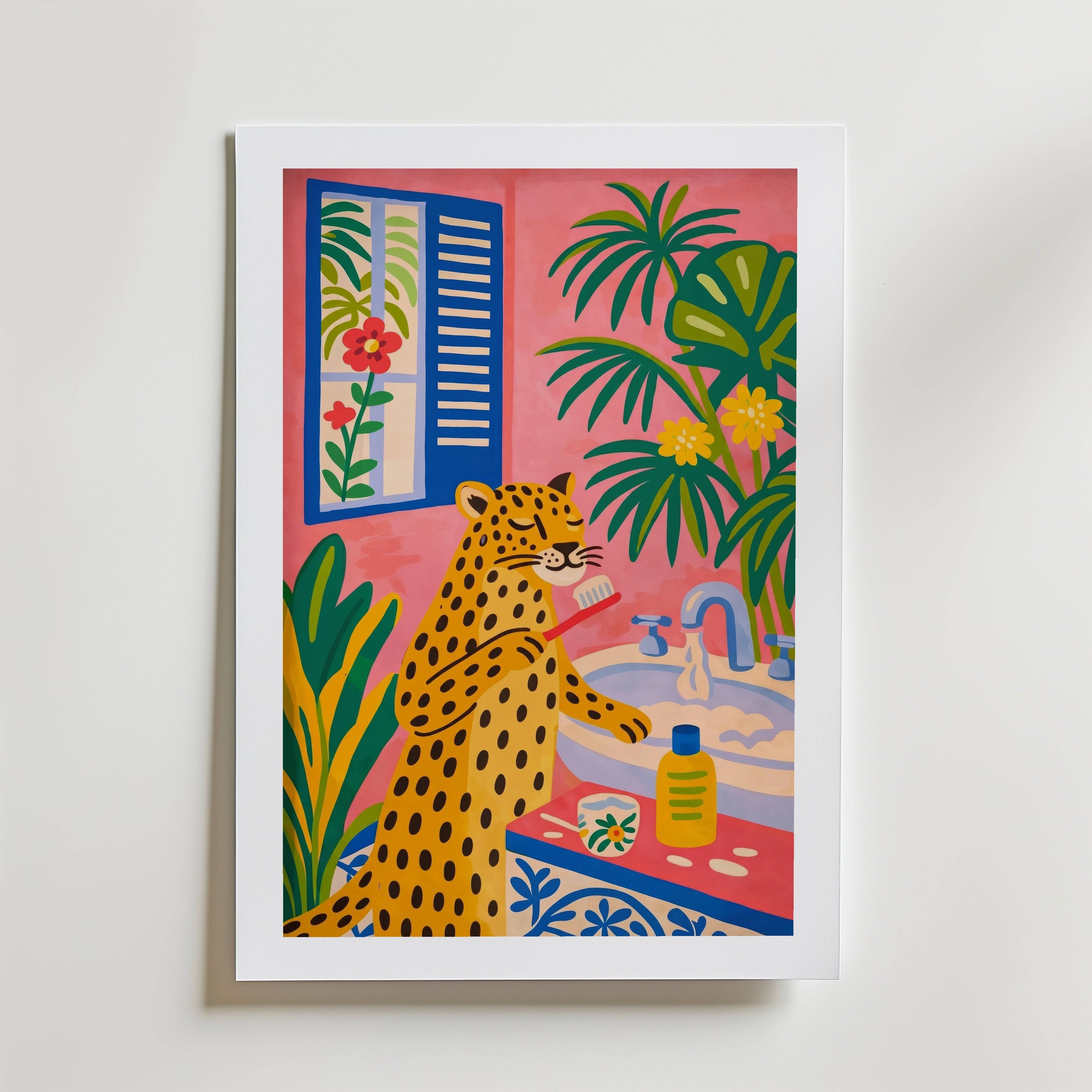 Morning Ritual Leopard Poster - Fine Art Poster 100x140 cm Med passepartout