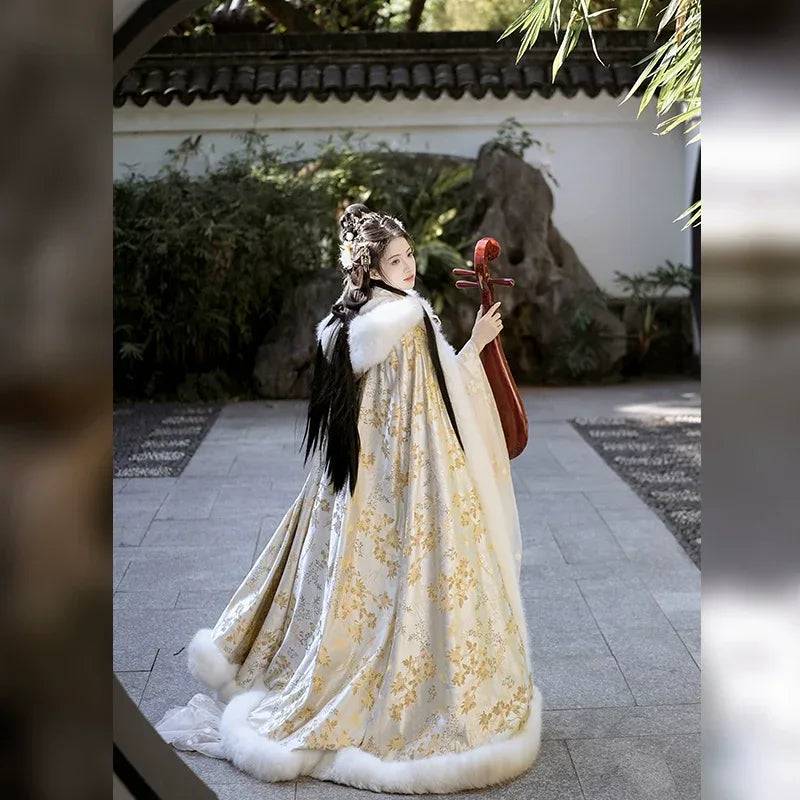 Gold Winter Fur Cape – Hanfu Cloak for Women | Thick, Warm & Elegant Festive Outerwear - Hooded cape [with cotton] / M 160 Height (M 160 Height)