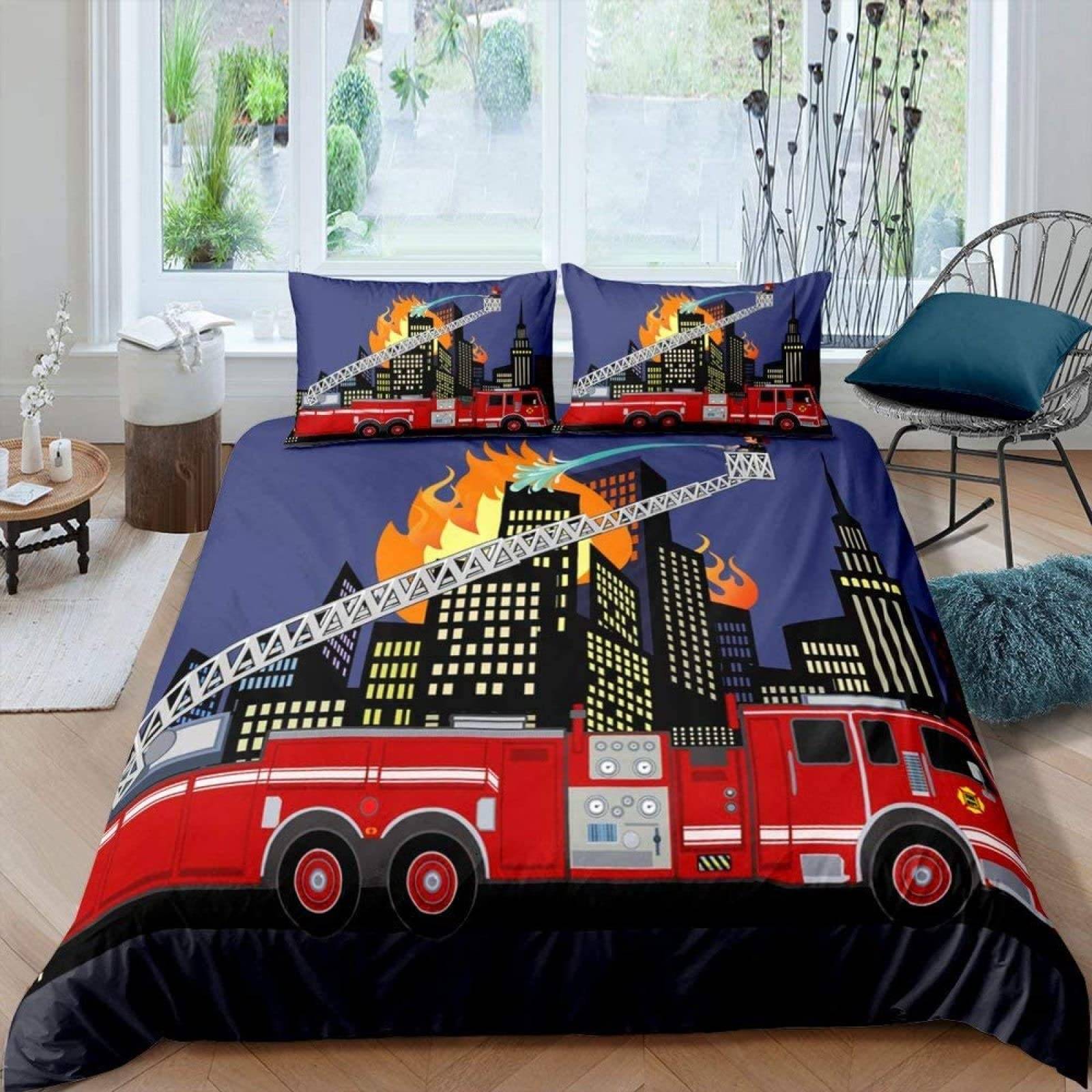Brandbil Påslakanset Barn Brandmän Bil Fordon Sängkläder Set För Pojkar Brandbil Mönster King Size Täcke Överdrag 155x215cm 3pcs