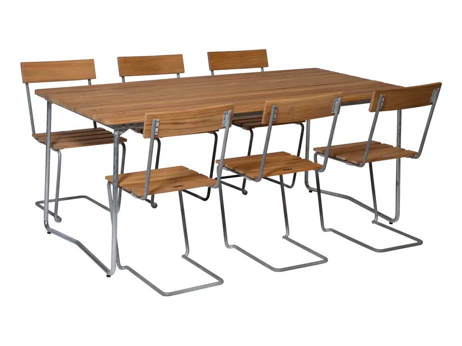 Grythyttan Stålmöbler B31 spisegruppe Teak/galvaniseret stål 6 stole & bord 170 x 92 cm