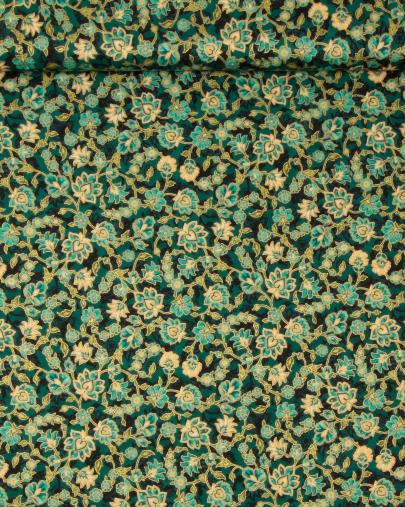 Jeweled Leaves, petrol mønster m. guldkant - Patchwork - 100% Bomuld