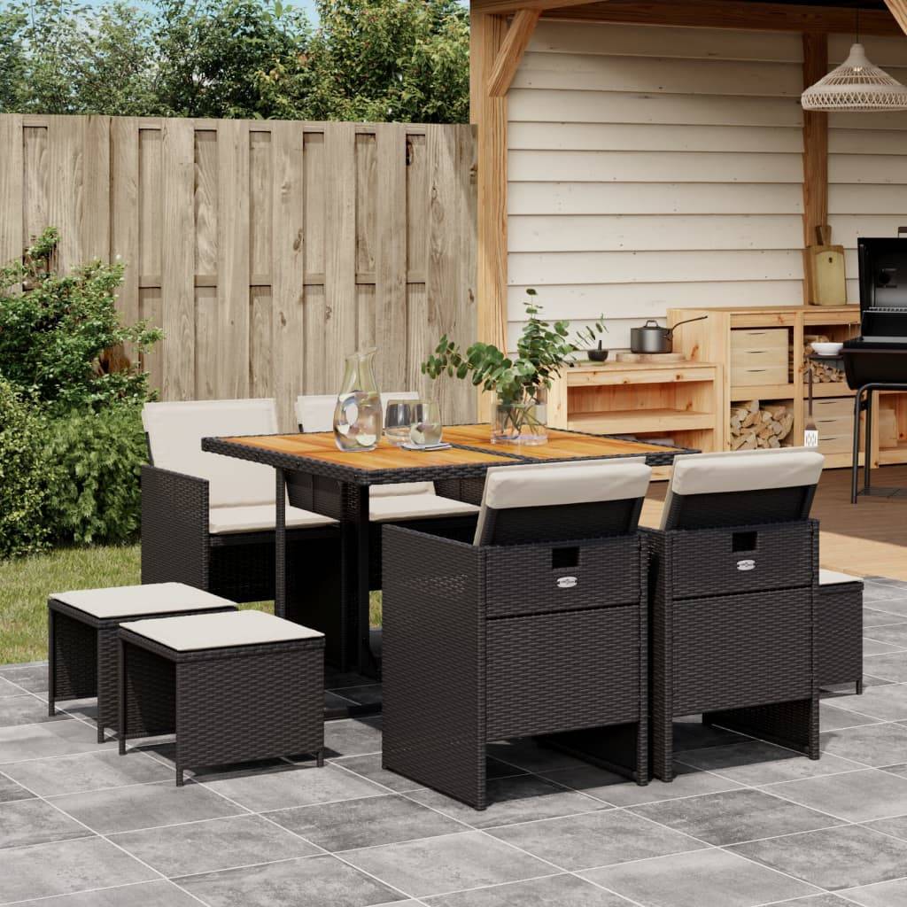 Spisebordssæt Til Haven 11 Dele Med Hynder Polyrattan Beige - 8 / Sort og cremefarvet / træ